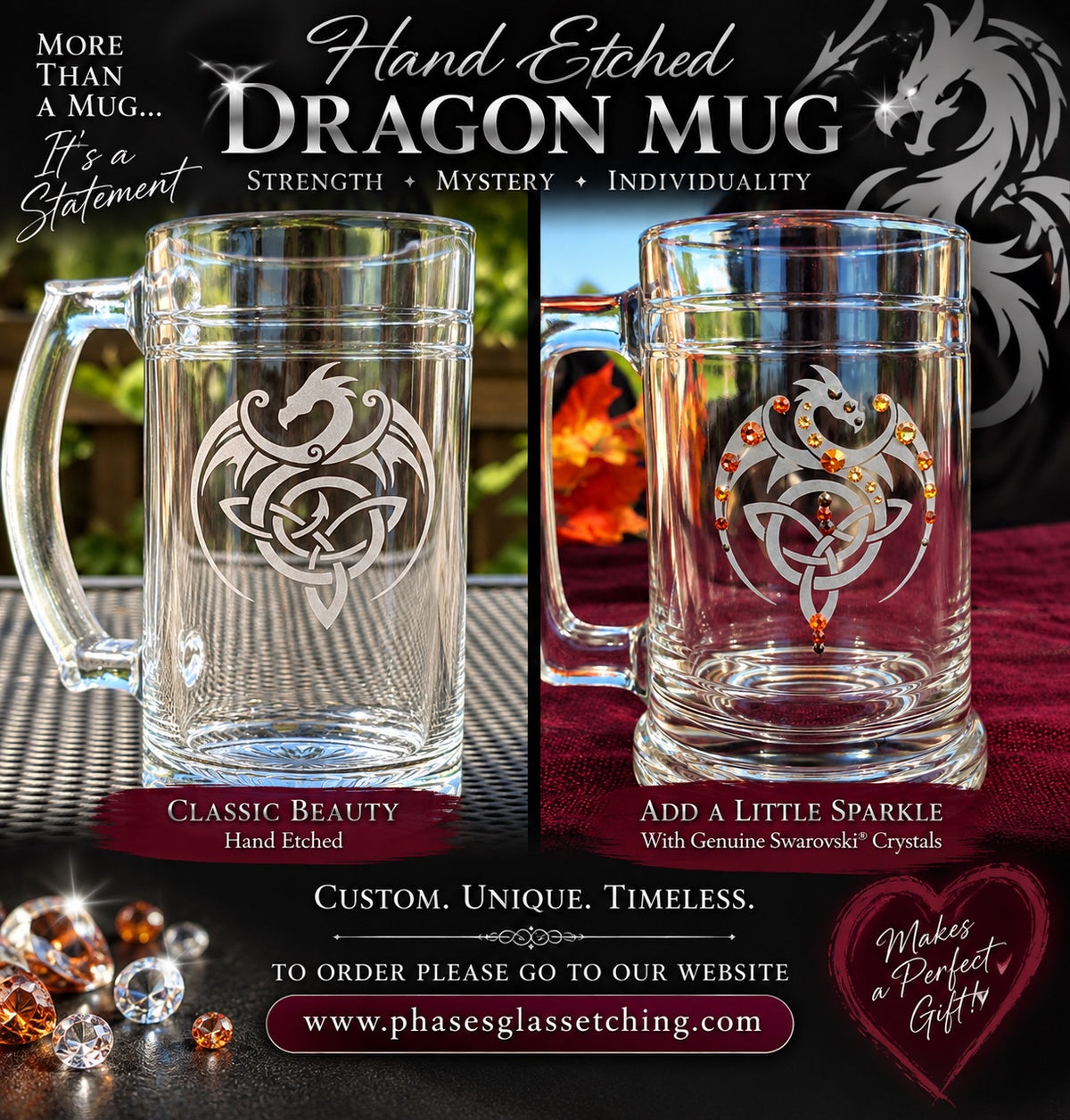 Dragon hand-etched mug classic and Swarovski crystal options