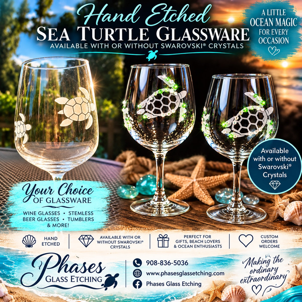 Hand-etched Sea Turtle glassware with and without Swarovski crystals