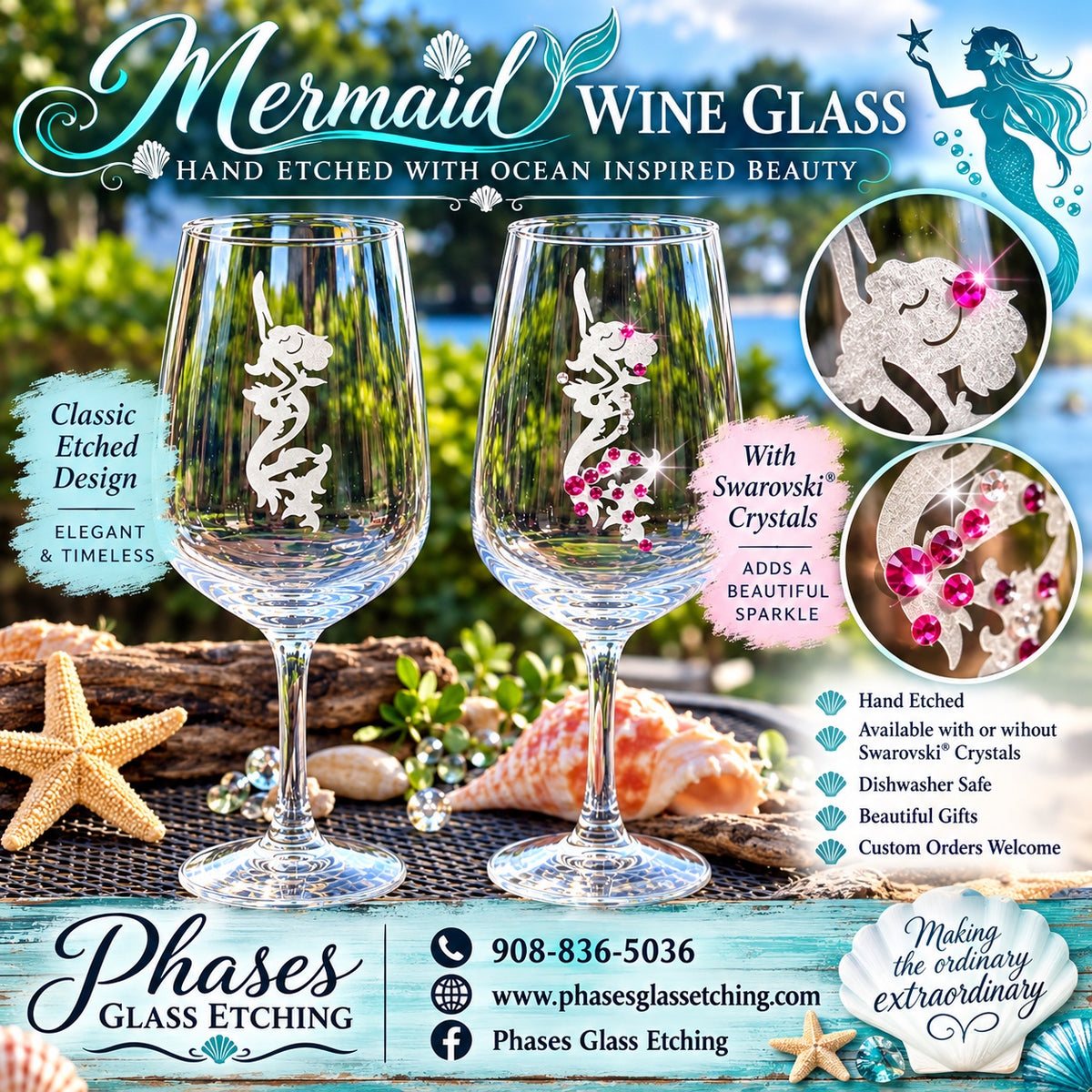 Mermaid hand-etched glassware with and without Swarovski crystals