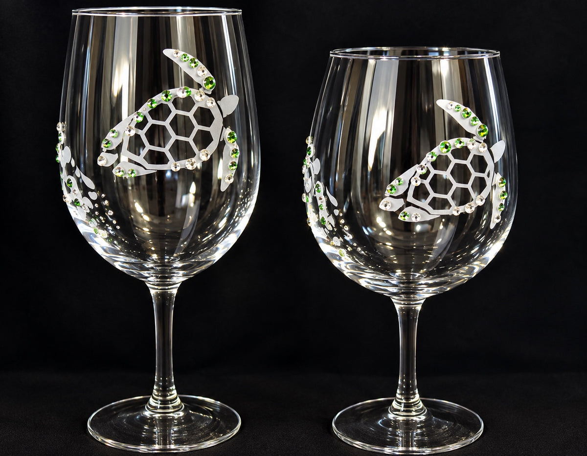 Sea Turtle etched wine glasses with green and clear Swarovski crystals