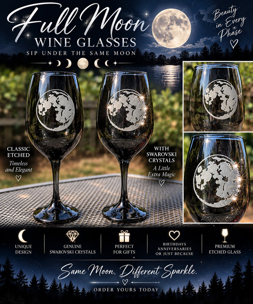 Full Moon hand-etched wine glasses, classic and Swarovski crystal options