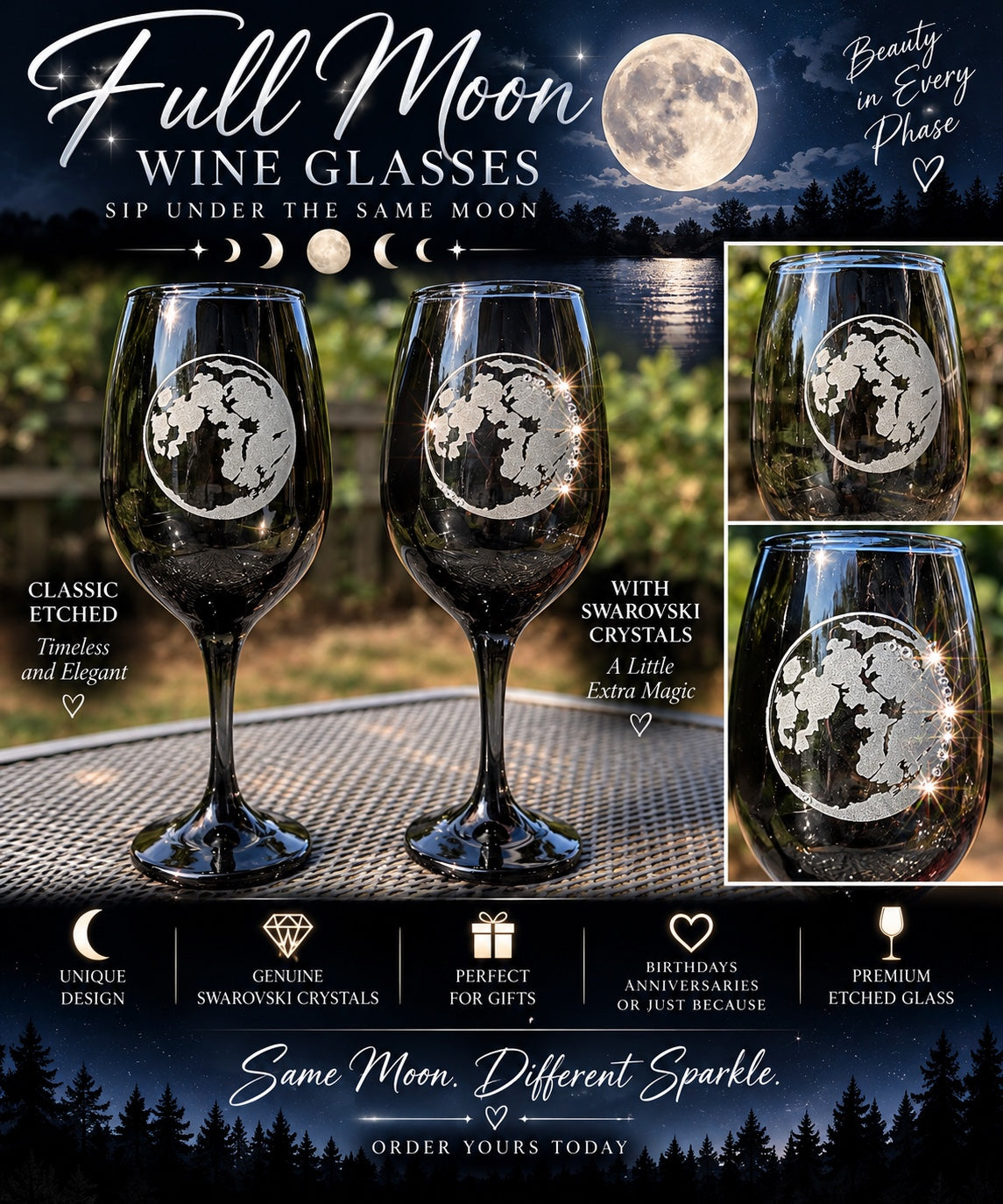 Full Moon hand-etched wine glasses, classic and Swarovski crystal options