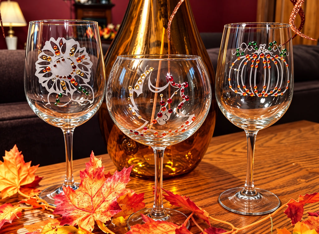Autumn hand-etched glassware collection with maple leaf design