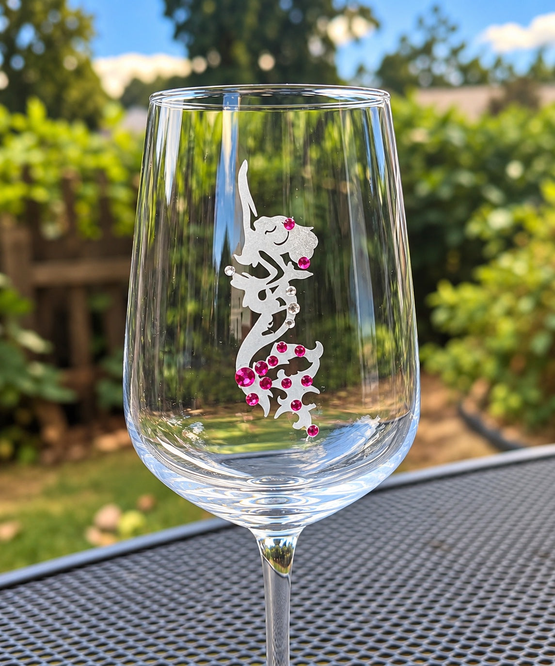 Mermaid hand-etched wine glass with Swarovski crystals