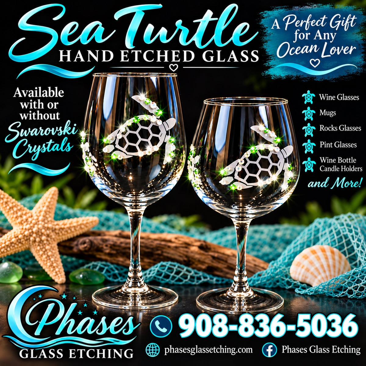 Sea Turtle hand-etched glassware by Phases Glass Etching
