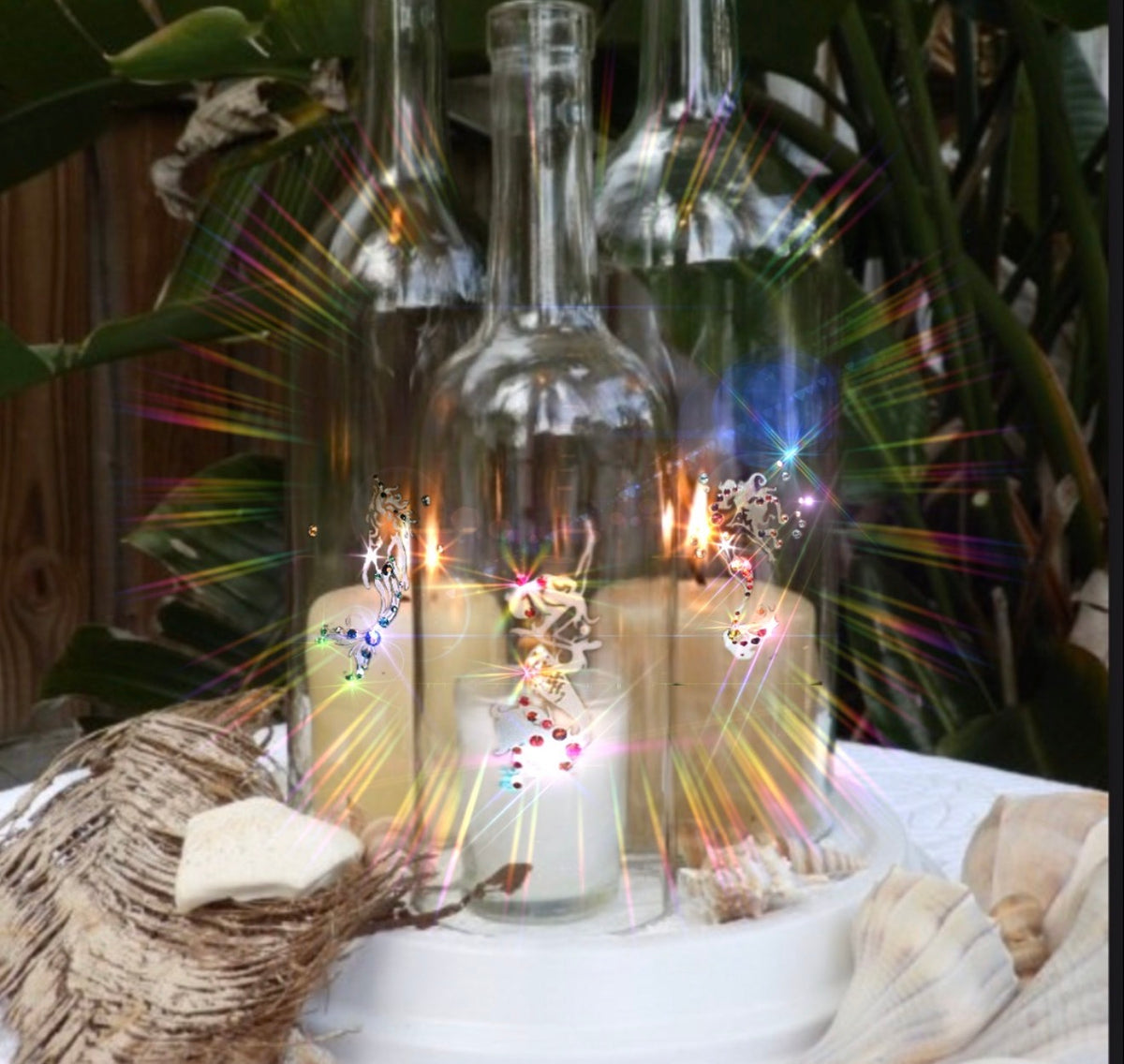 Mermaid hand-etched wine bottle candle holder with crystals