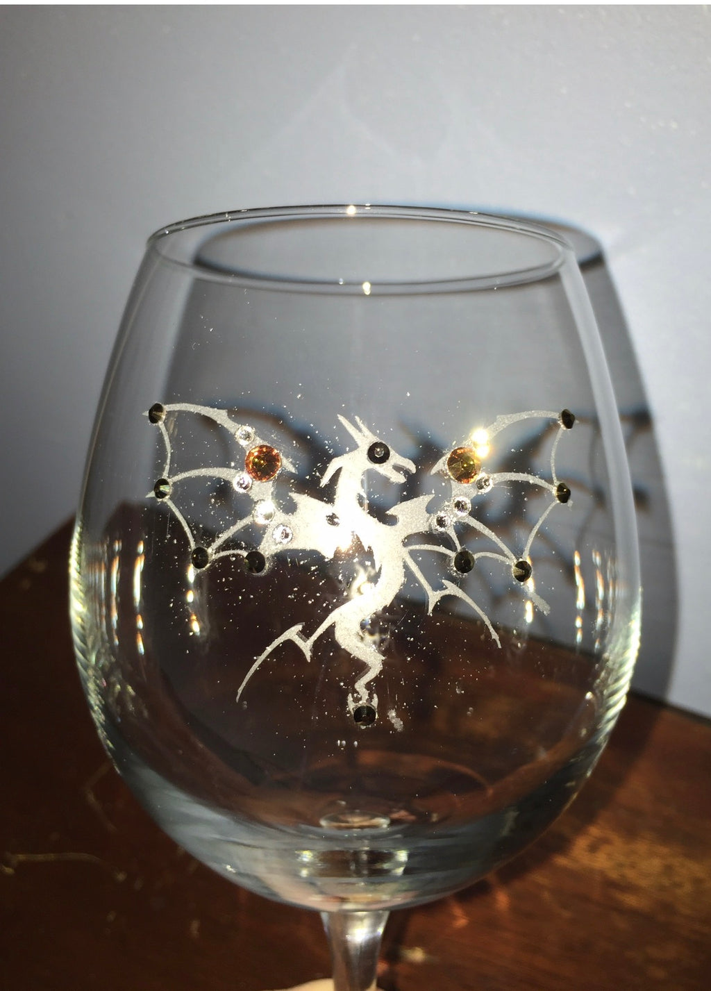 Dragon 2 hand-etched wine glass close-up with Swarovski crystals