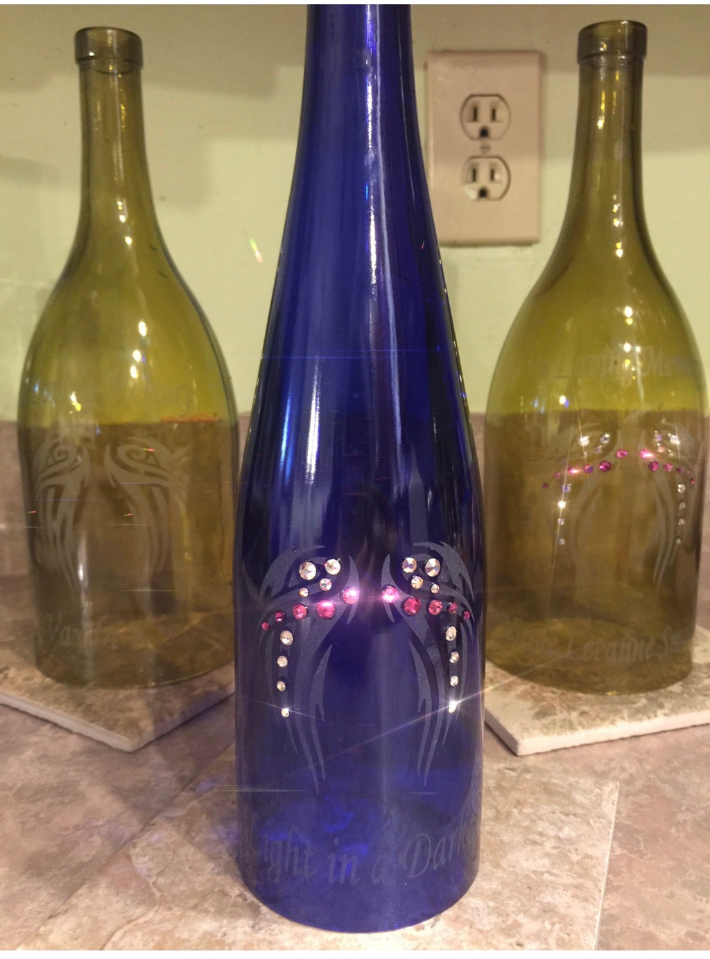 Custom Etched Wine Bottle Candle Holder "In Memory Of"