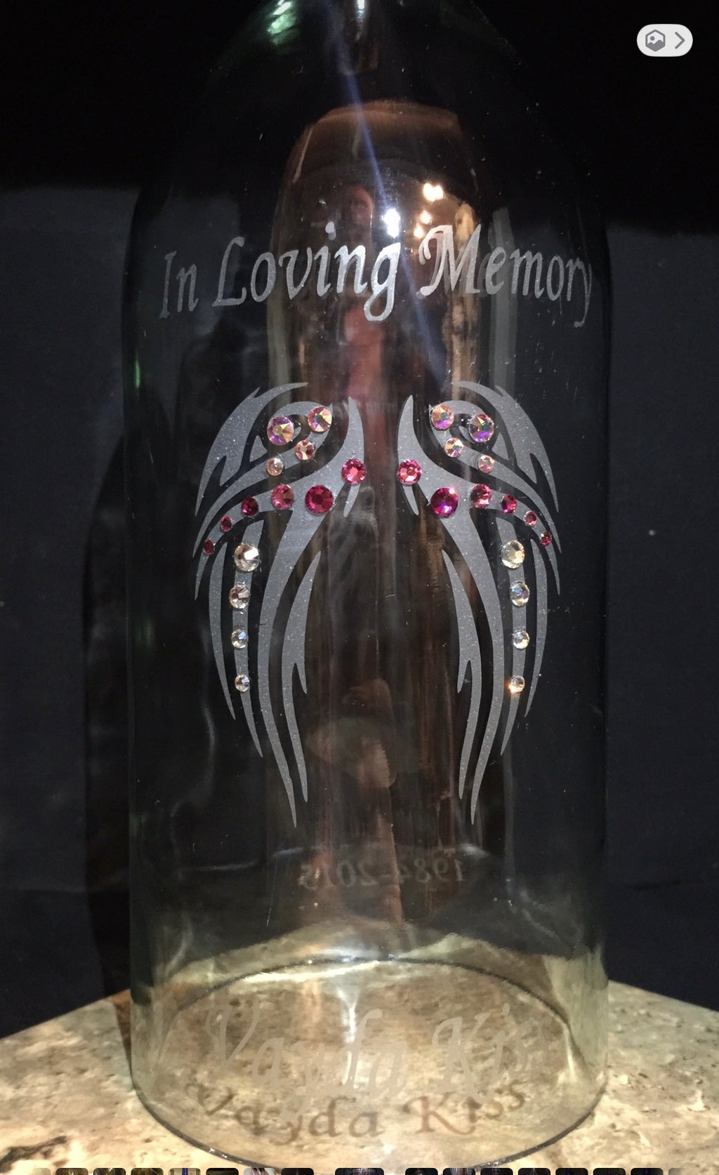 Custom Etched Wine Bottle Candle Holder "In Memory Of"