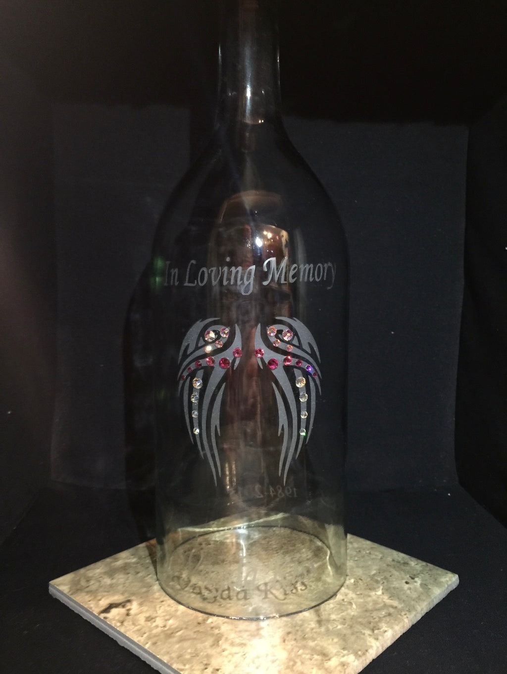 Custom Etched Wine Bottle Candle Holder "In Memory Of"