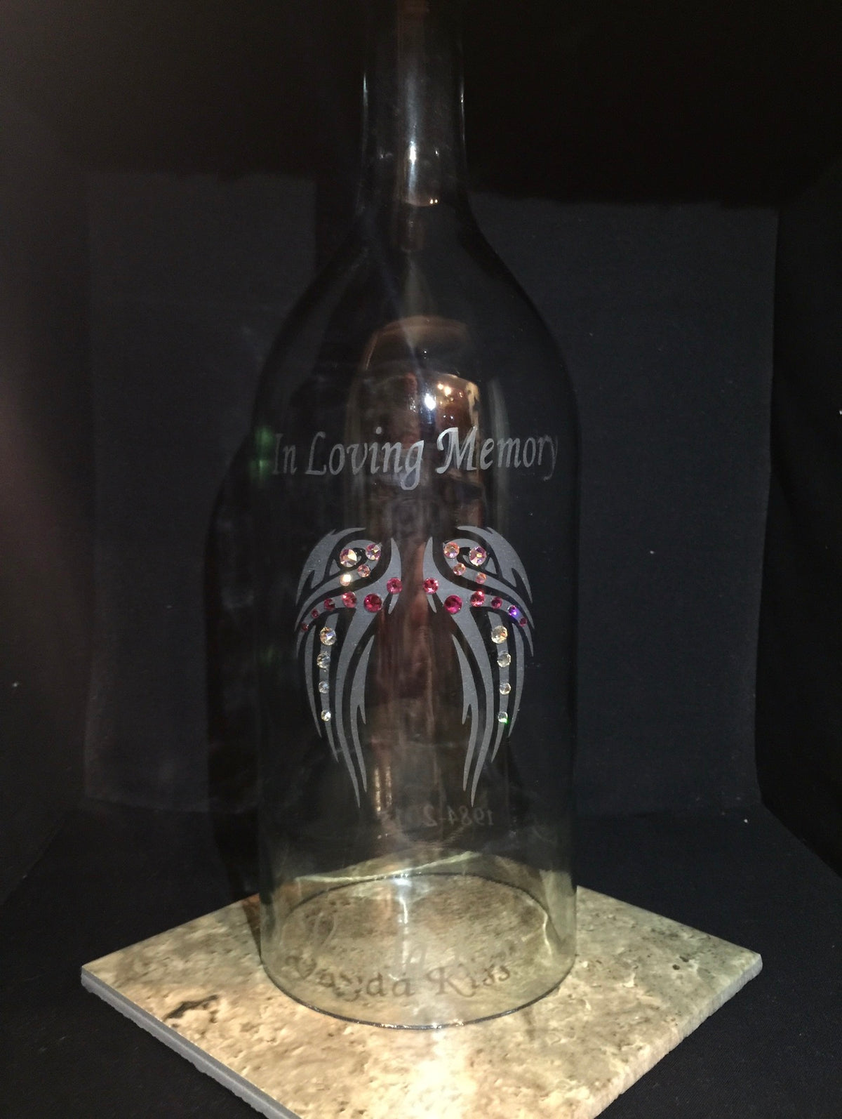 Custom Etched Wine Bottle Candle Holder "In Memory Of"