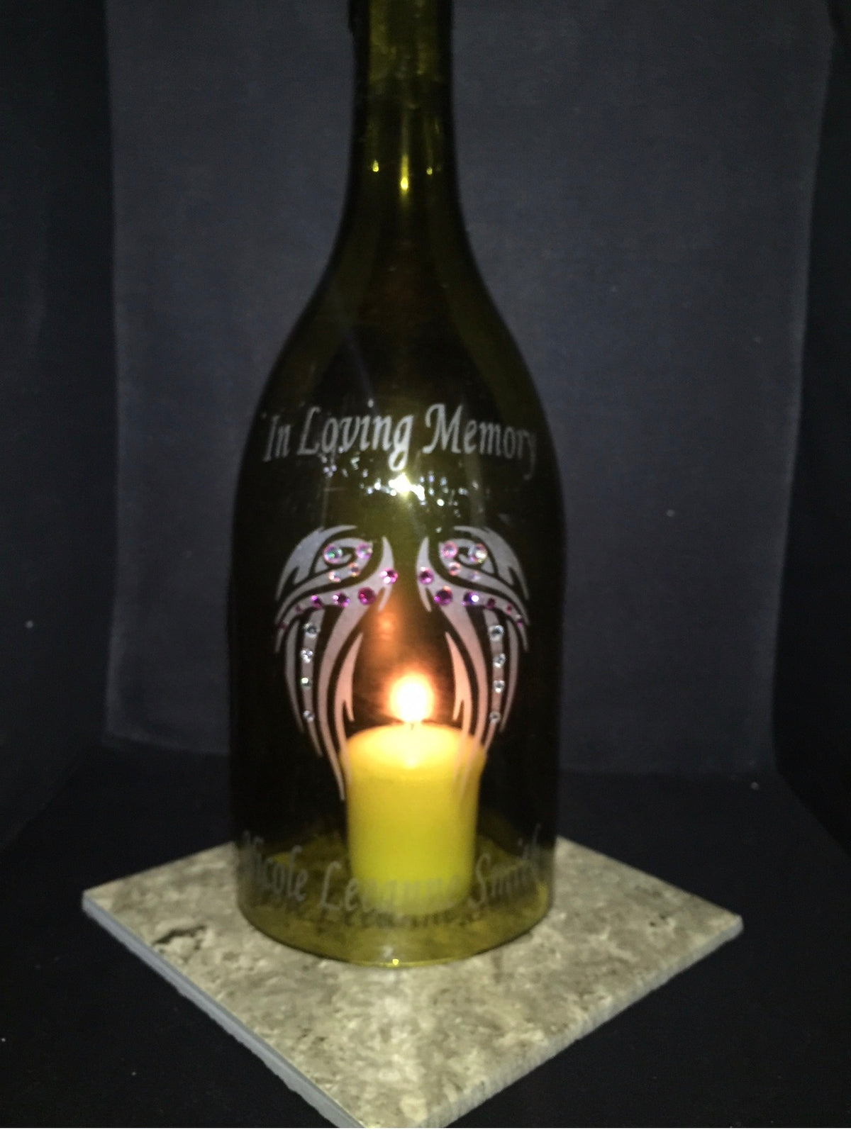 Custom Etched Wine Bottle Candle Holder "In Memory Of"