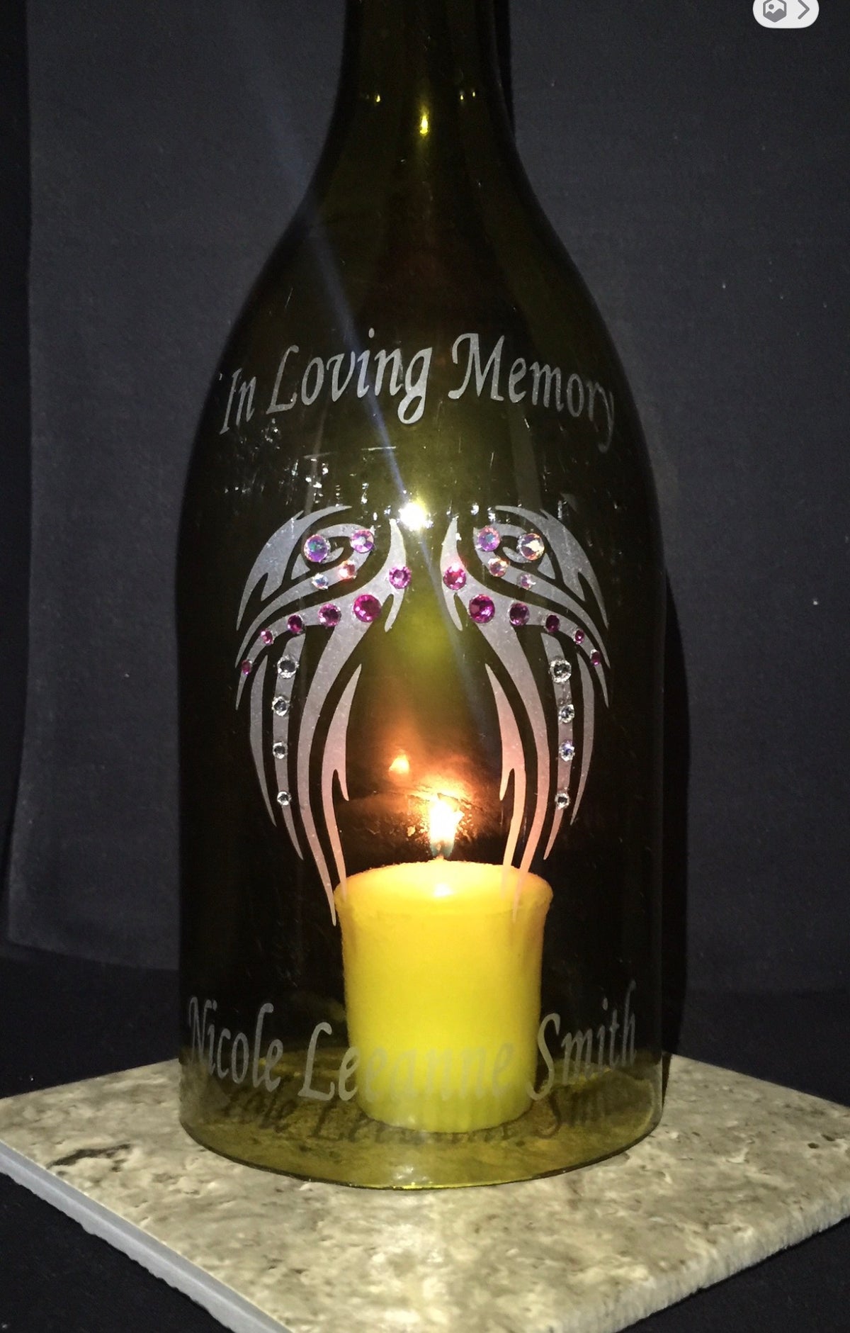 Custom Etched Wine Bottle Candle Holder "In Memory Of"