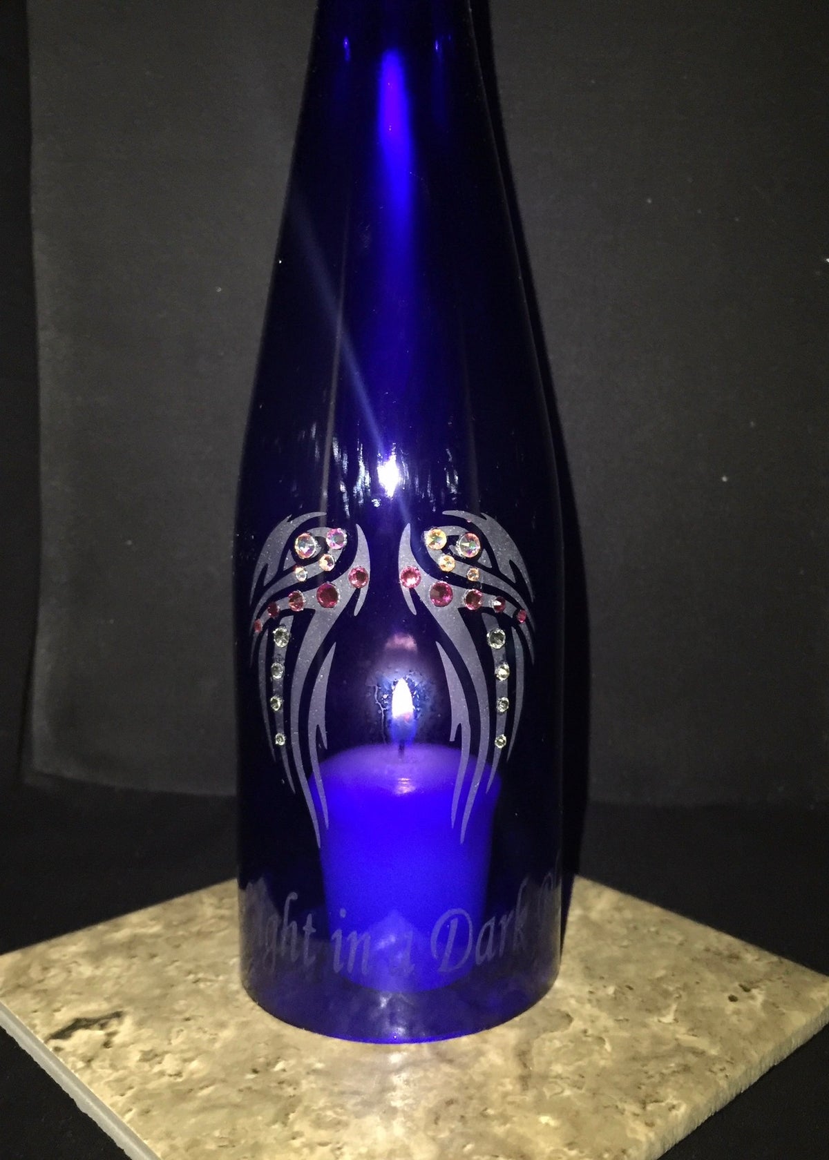 Illuminated Angel Wings memorial wine bottle candle holder