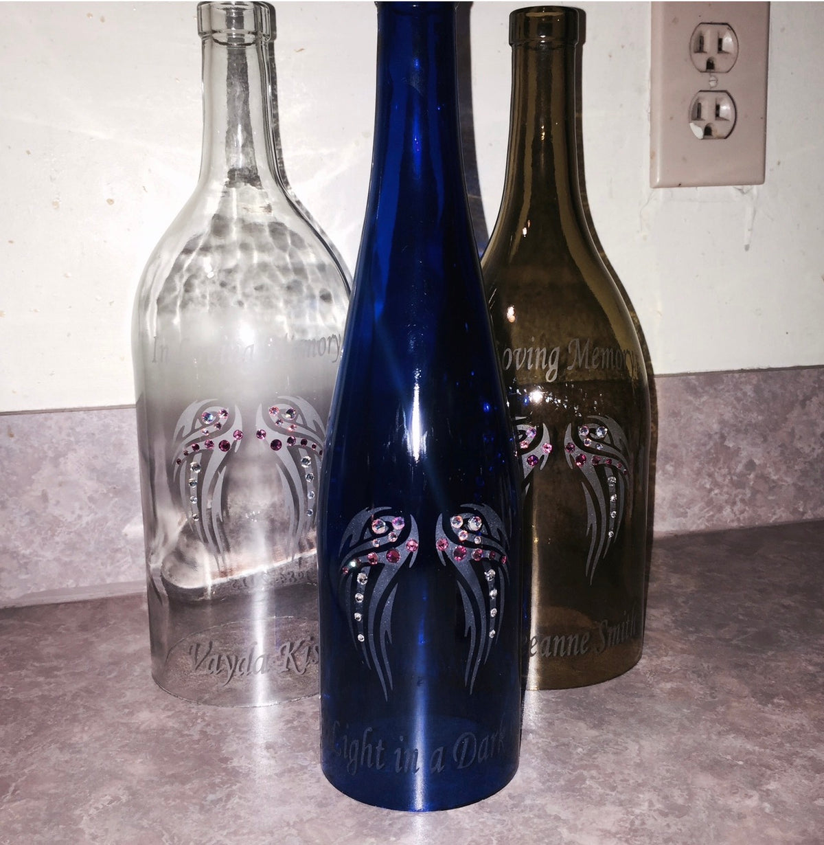 Custom Etched Wine Bottle Candle Holder "In Memory Of"