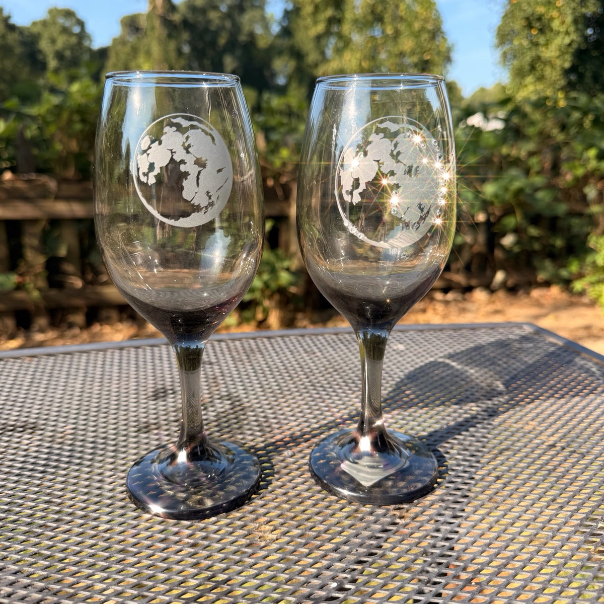Full Moon hand-etched wine glasses with crystal detail