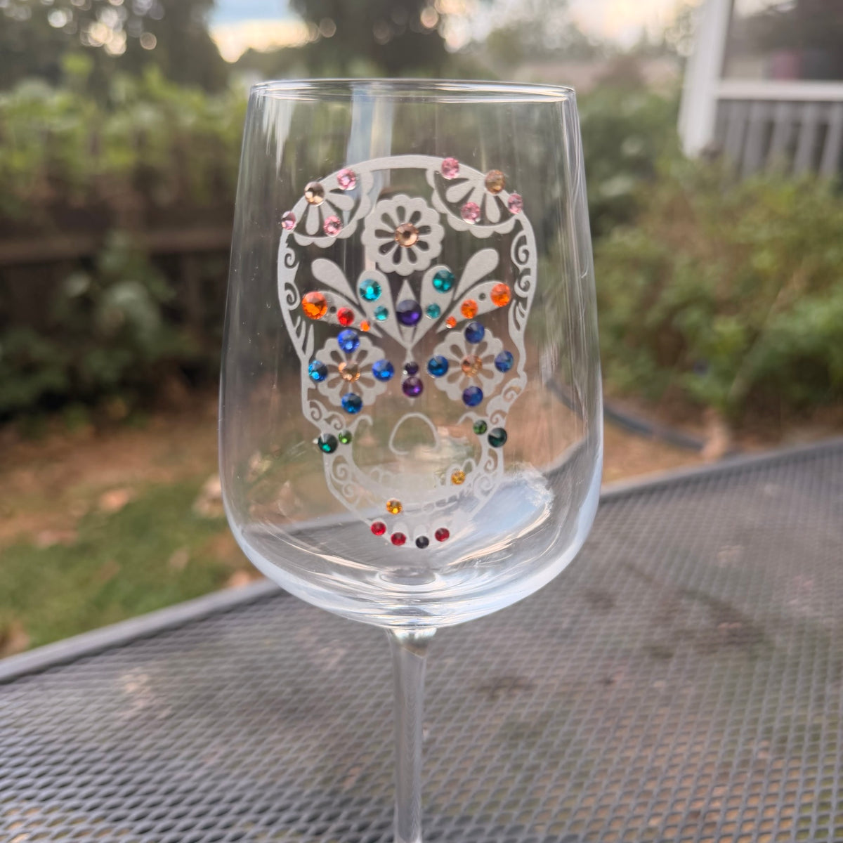 Sugar Skull hand-etched wine glass with colorful Swarovski crystals