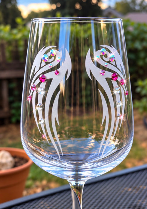 Angel Wings hand-etched wine glass with Swarovski crystals
