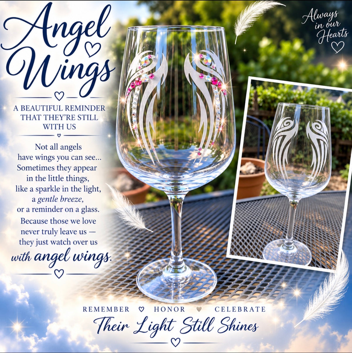 Angel Wings hand-etched glassware memorial design