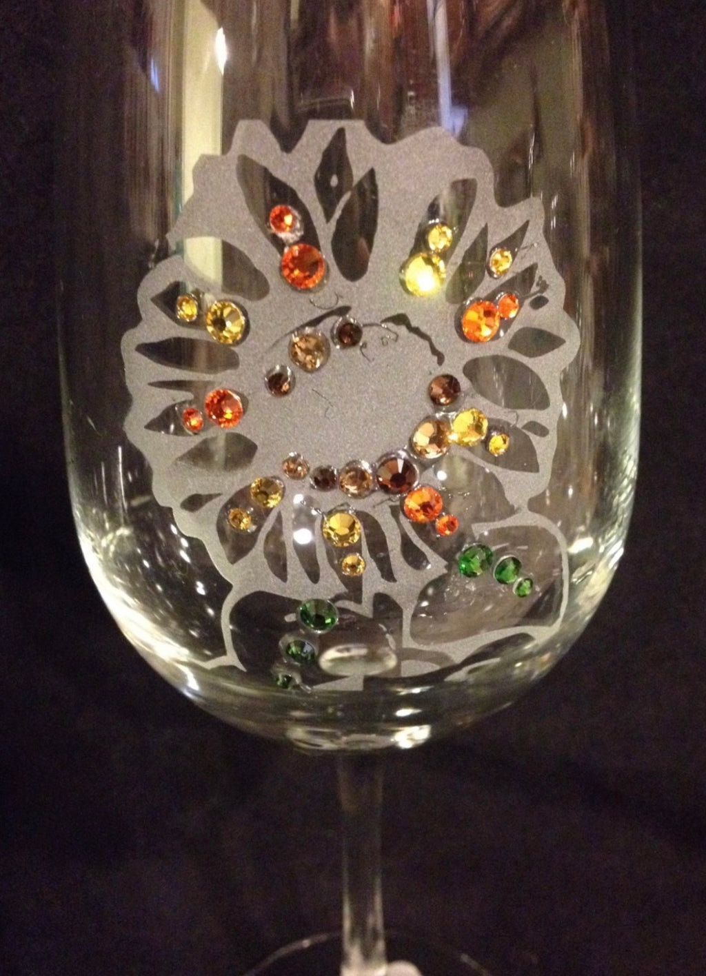 Sunflower etched glass with amber orange and green Swarovski crystals