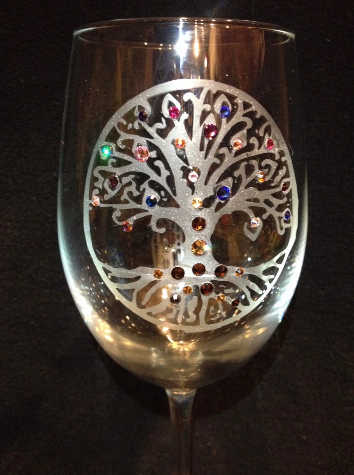 Tree of Hope crystal embellished etched wine glass