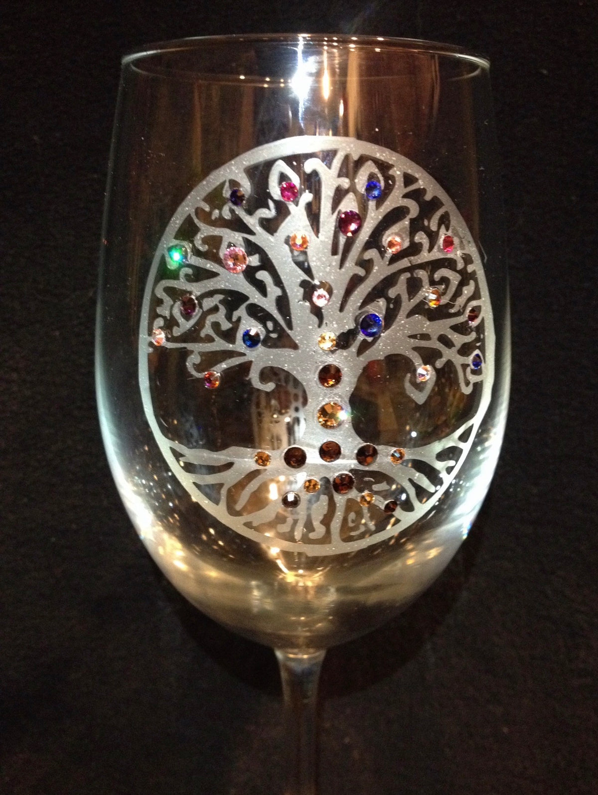 Tree of Hope hand-etched wine glass with Swarovski crystals