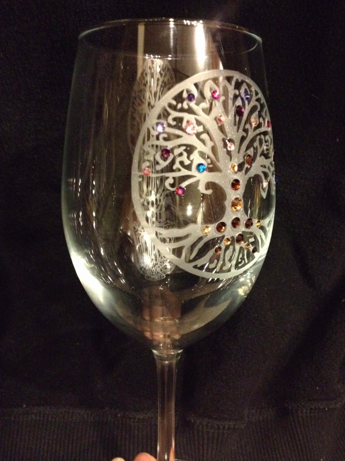 Tree of Hope hand-etched wine glass with Swarovski crystals side view