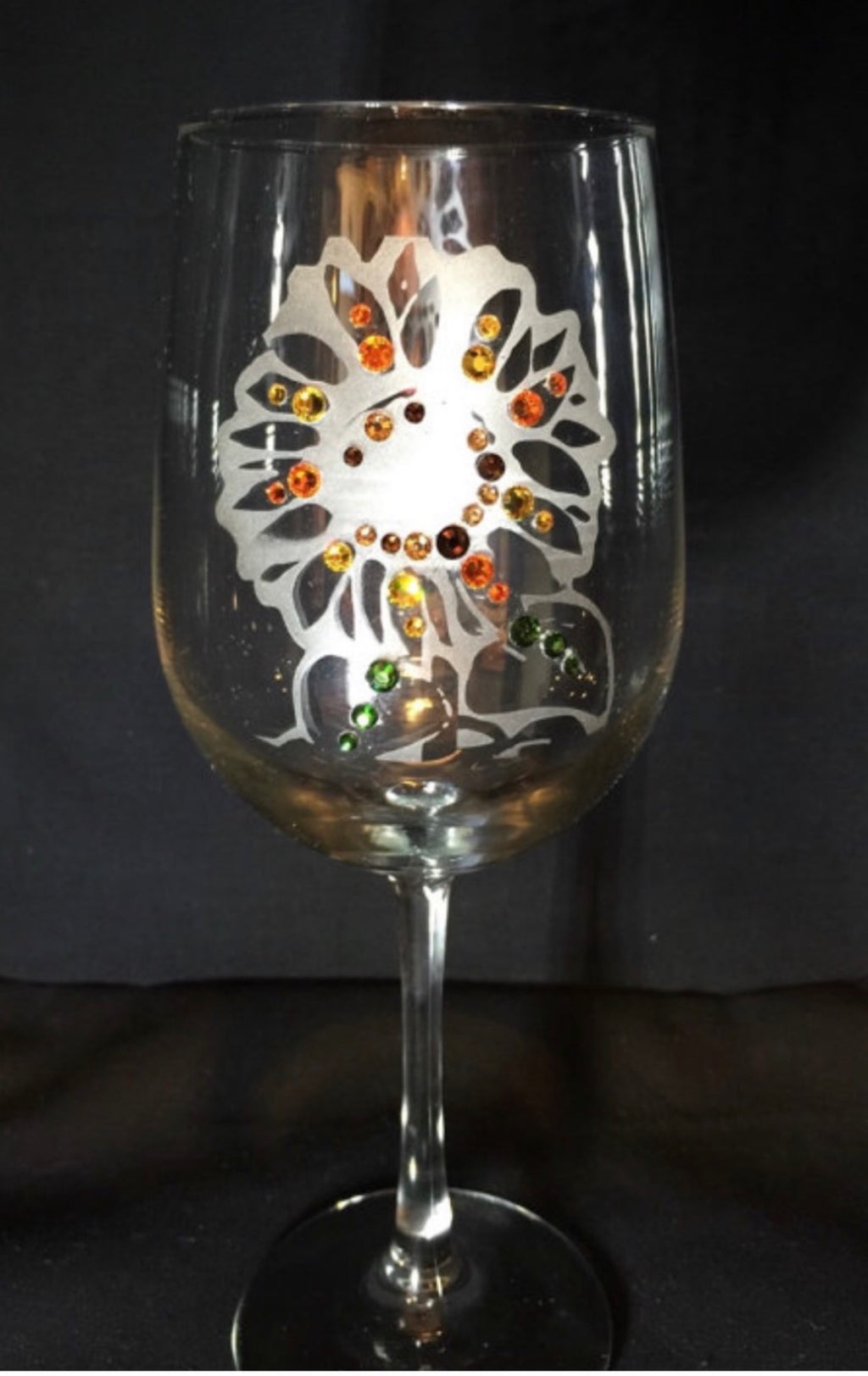Sunflower hand-etched wine glass with Swarovski crystals