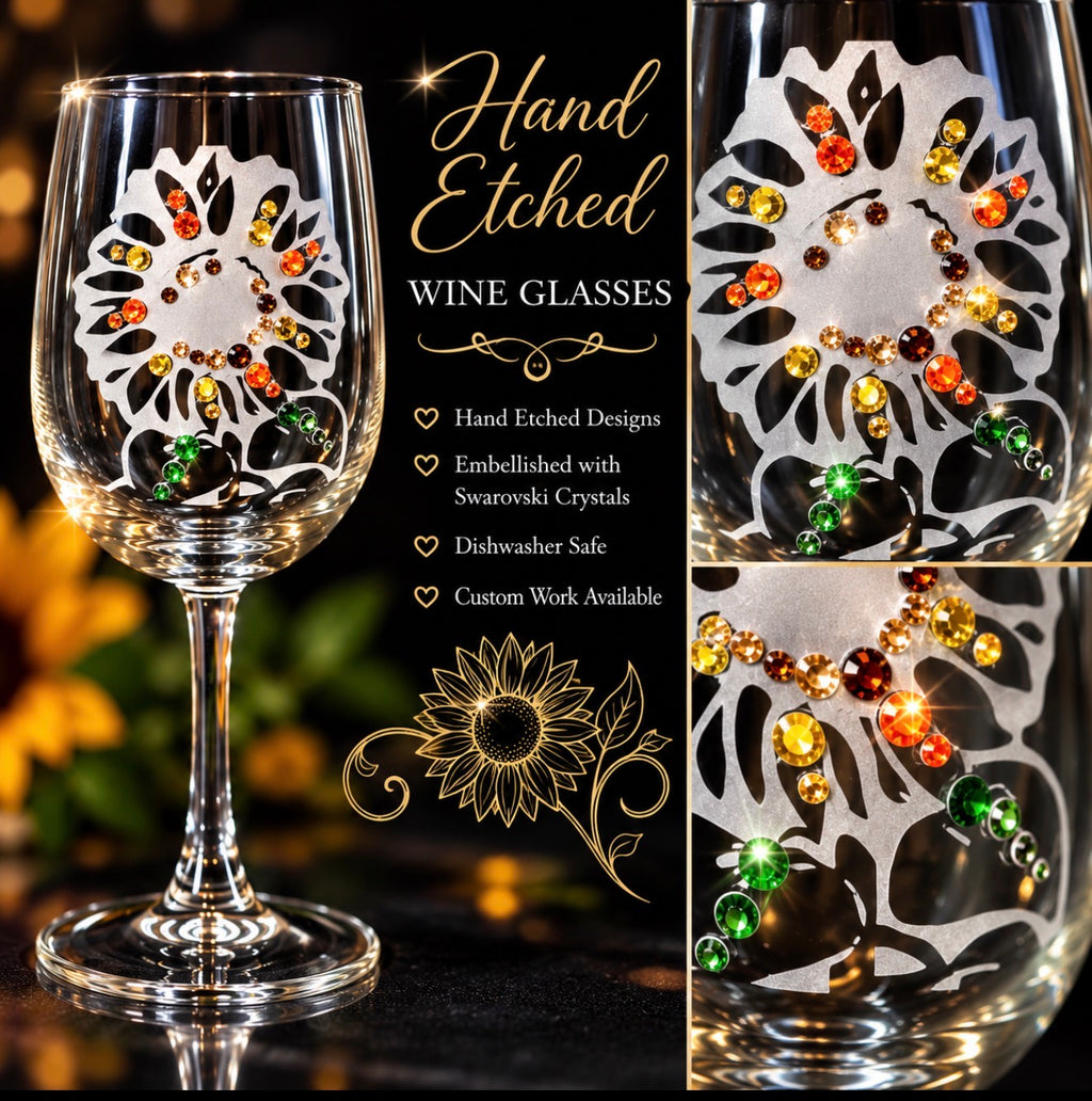 Sunflower hand-etched wine glass product showcase