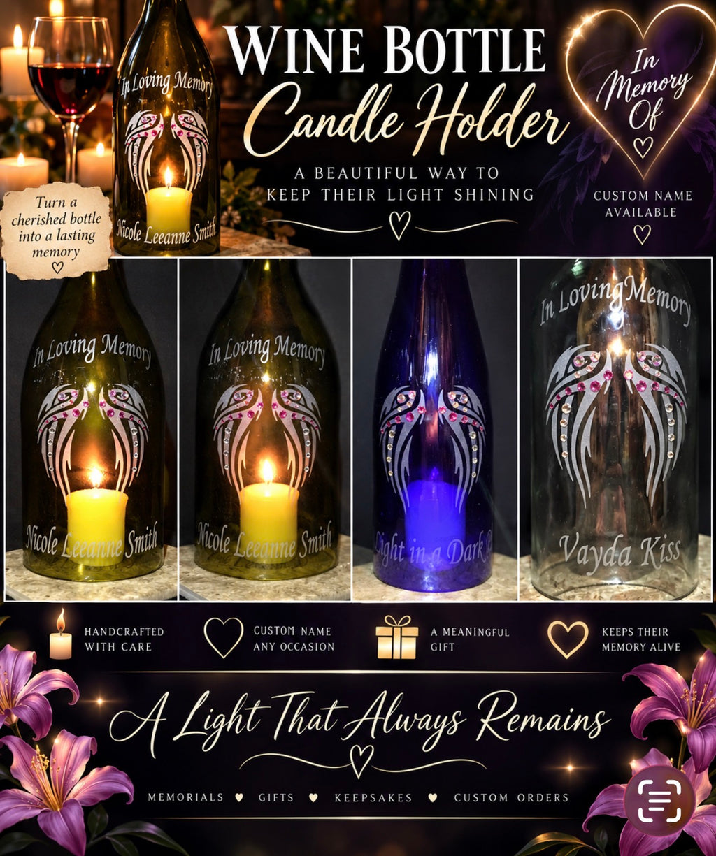 Personalized Angel Wings hand-etched wine bottle candle holder