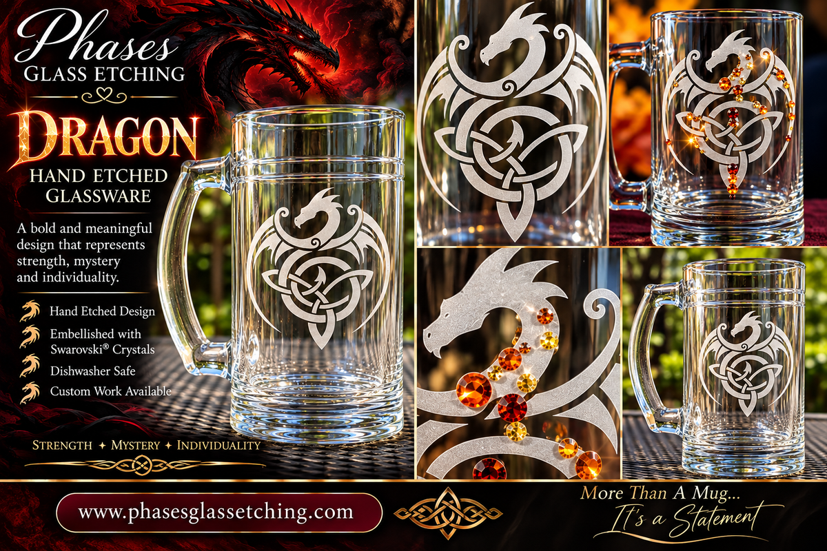 Dragon hand-etched glassware product collage