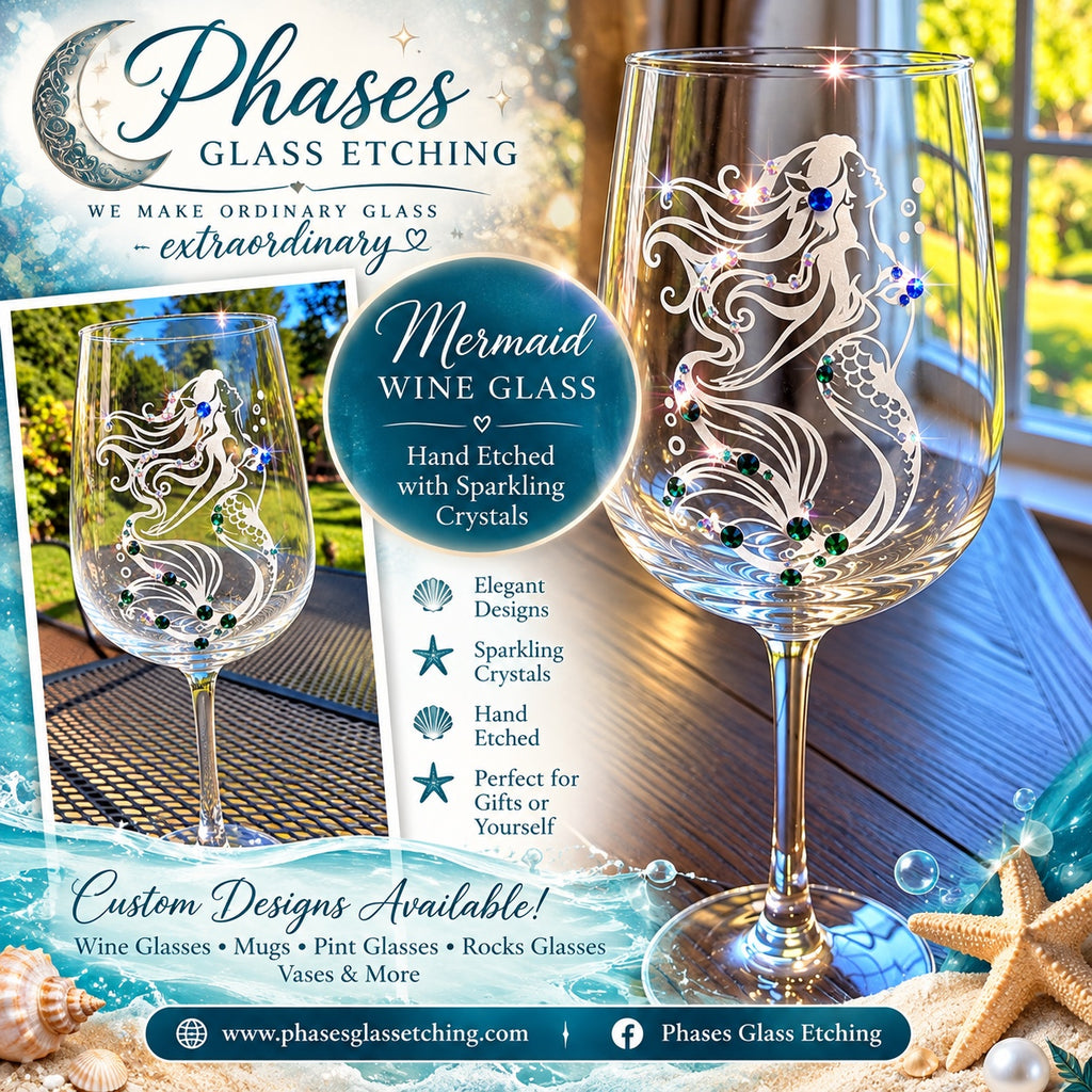 Mermaid 2 hand-etched glassware by Phases Glass Etching