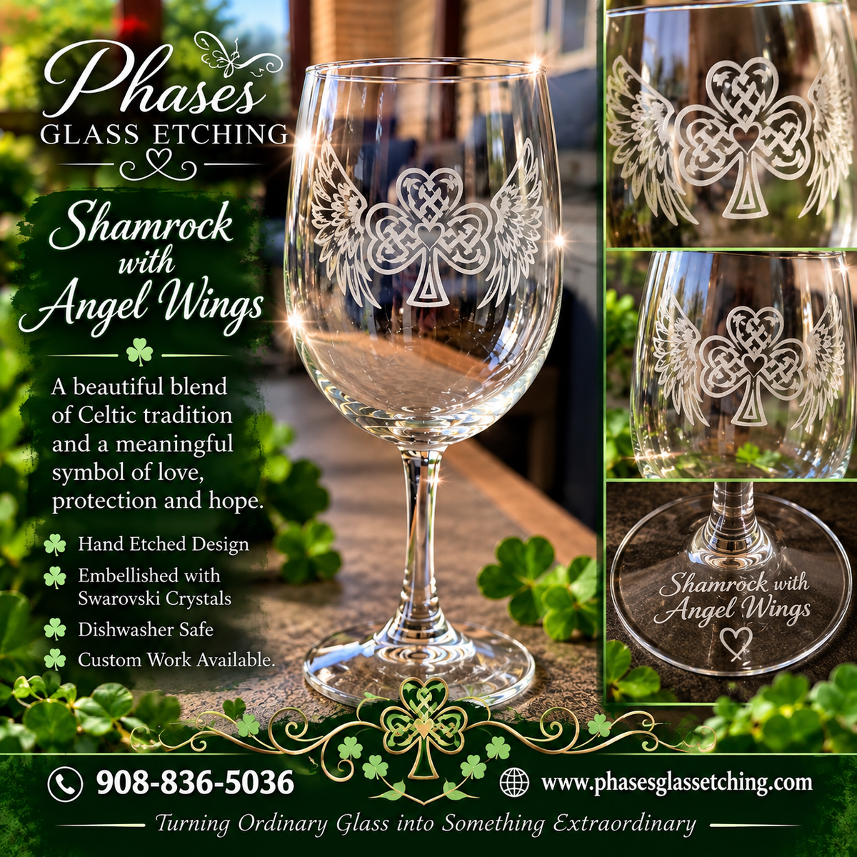 Shamrock with Angel Wings hand-etched glassware by Phases Glass Etching