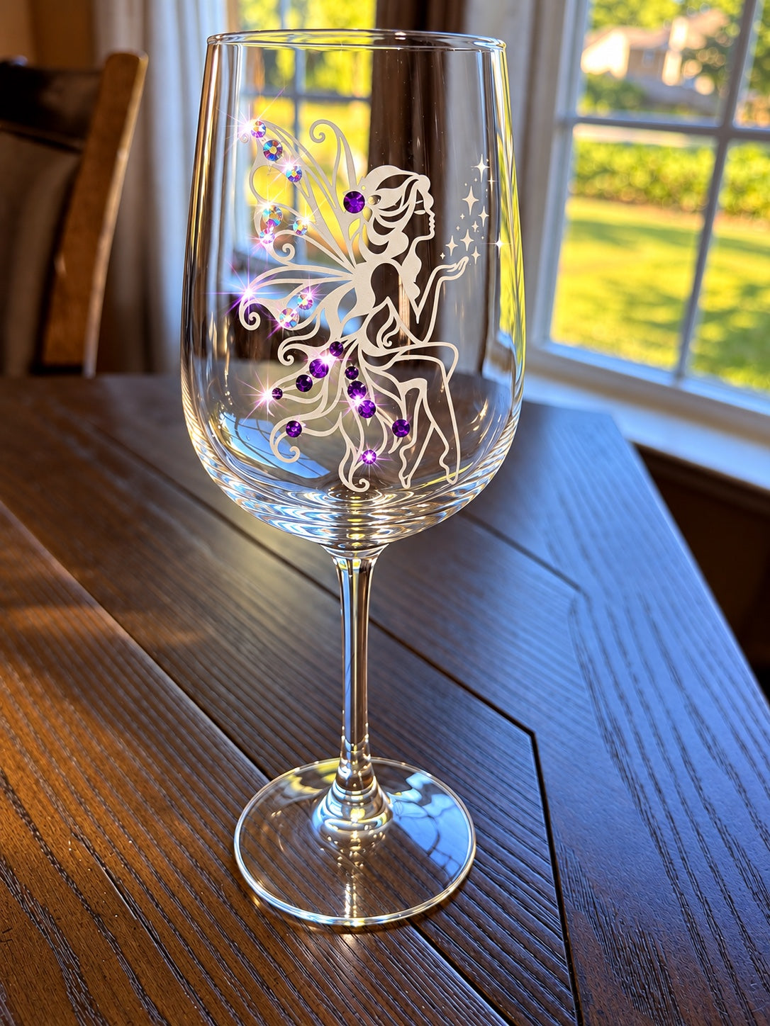 The Fairy hand-etched wine glass with sparkling purple crystals